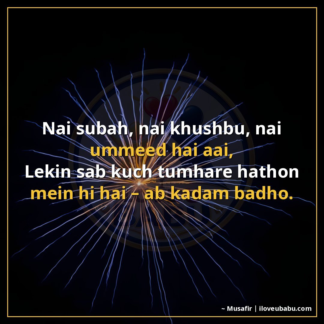 25+ Best New Year Shayari In Hindi – Wishes For Fresh Starts & Happiness 16 नई सुबह, नई खुशबू, नई उमीद है आई,
लेकिन सब कुछ तुम्हारे हाथो